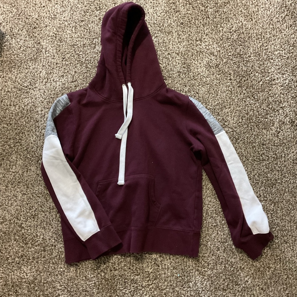 Burgundy Hoodie with White and Gray Sleeves
